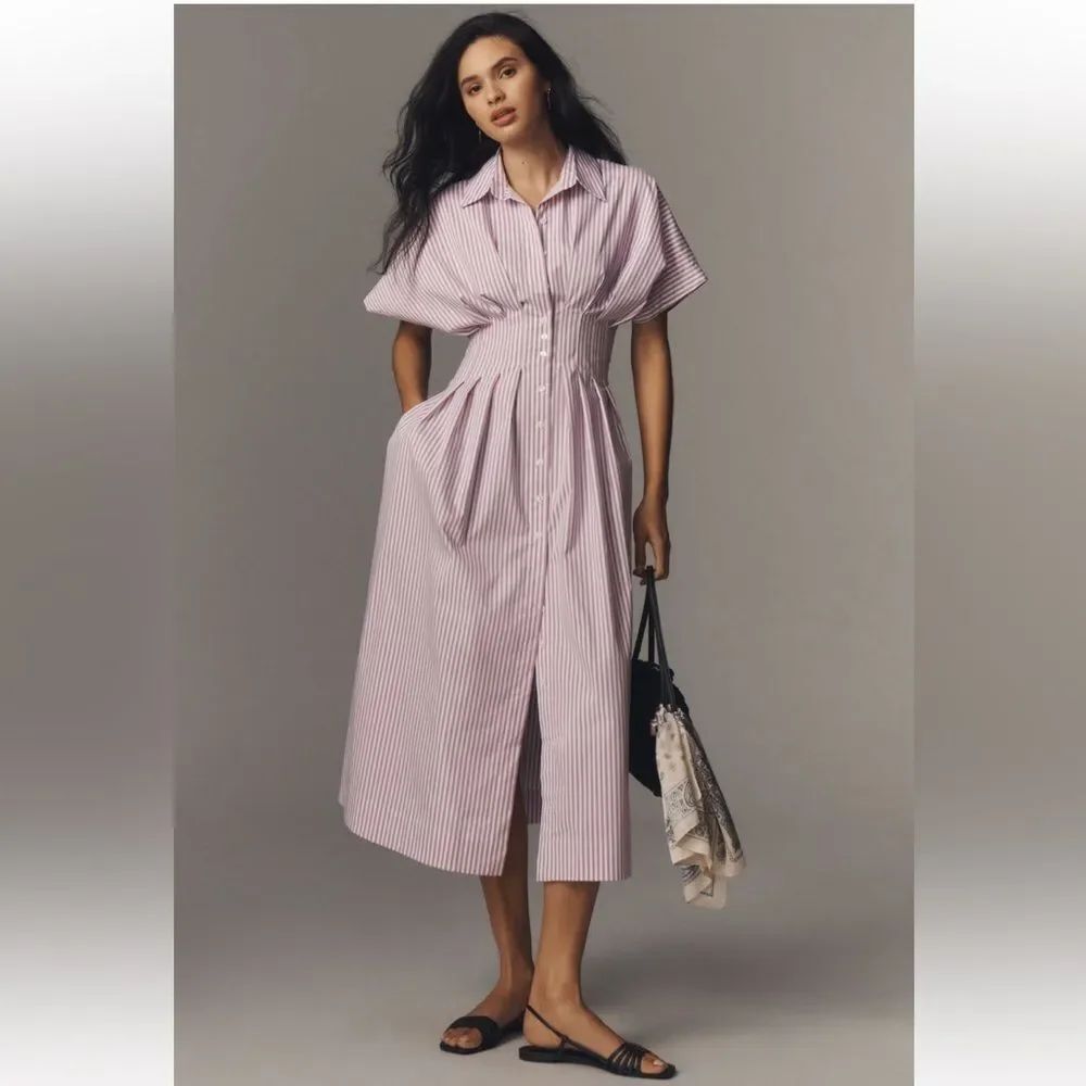 Tobie Button-Front Pleated Midi Shirt Dress by Anthropologie